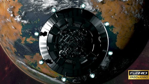 Advanced Spaceship Orbits Planet in Deep Space