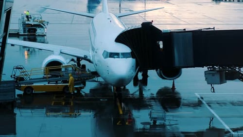 Baggage Moves Along the Conveyor Belt To the Aircraft in Rainy Weather. Passengers Enter the Plane