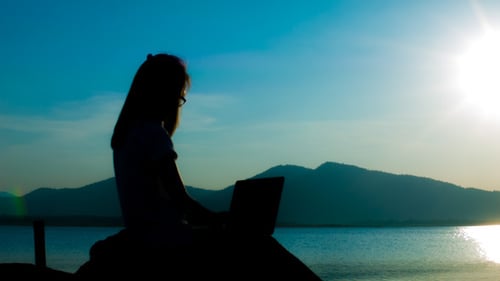 Silhouette of Person Using Laptop by Tropical Lake