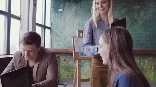 Female Manager Comes To Business Team. Mixed Race Group of People Meeting in Office. Slow Mo