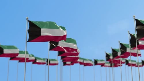 Realistic Kuwait Flag Waving Animation Against Blue Sky