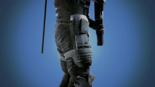 Soldat futuriste en armure d'acier avec le pistolet Cyber Punk