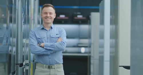 Man Smiling Confidently in an Appliance Store Aisle