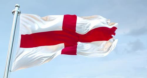 Waving England Flag on Pole with Blue Sky Background