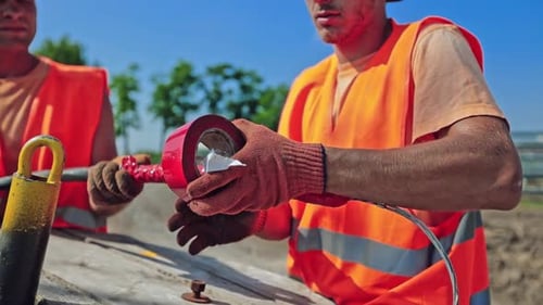 Arbeiter bauen neues ökologisches Kraftwerk auf dem Feld