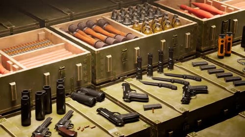 Military Weapons and Ammunition Inventory in Storage Crates