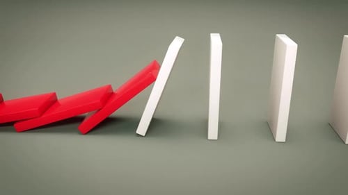 Red white dominoes falling in a row from left to right.
