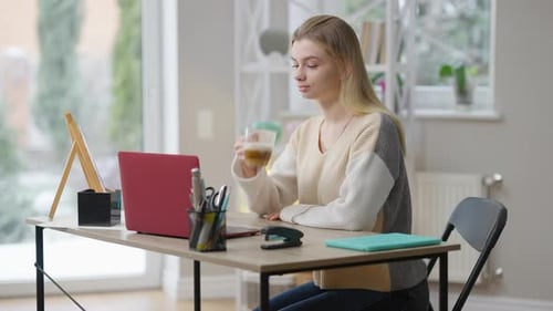 Young Woman Works at Home on Laptop