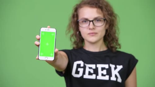 Woman Holding Phone with Green Screen