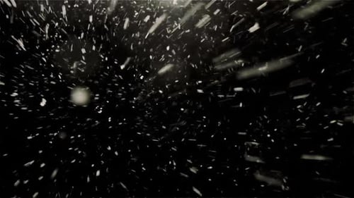 Flocken von fliegendem Schnee auf einem isolierten schwarzen Hintergrund. Show fällt in die Kamera