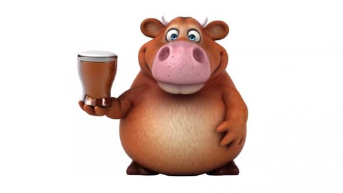 Animated 3D Cow Character Holding Beer and Gesturing