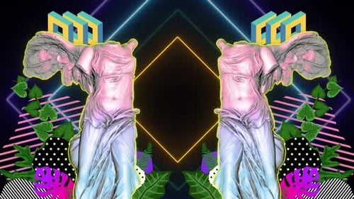 Neon Geometric Loop with Stylized Classical Statues