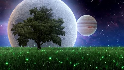 Fantasy Space Landscape with Glowing Grass and Tree Animation