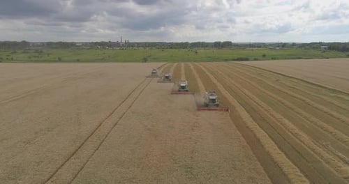 Aerial view of combines harvesting