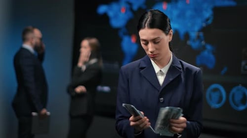 Woman Counting Money in Front of World Map