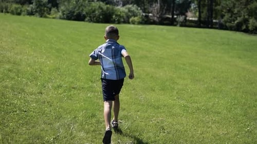 the Boy Runs Along the Grass in the Park Having a Good Mood