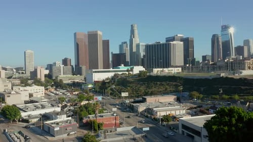 Los Angeles Skyline in Wonderful Daylight Scenic Aerial Out with View Over City Streets