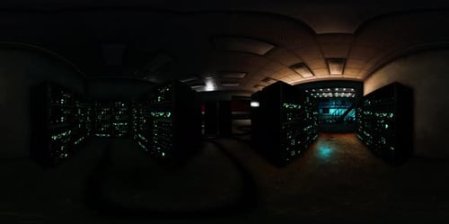 VR360 Futuristic Dark Data Center with Metal and Lights