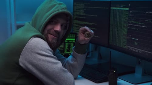 Smiling Hacker Holds Bitcoin in Blue Lit Room