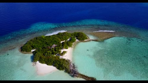 Aerial flying over panorama of idyllic sea view beach trip by shallow lagoon and white sand backgrou