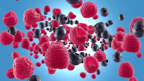 Dynamic Floating Raspberries and Blueberries Mixing