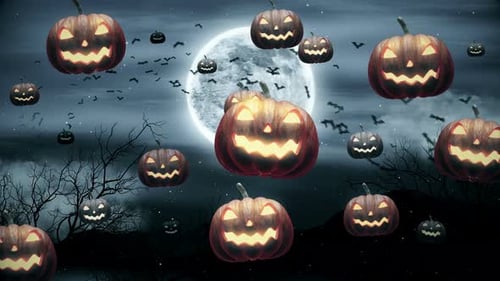 Spooky Halloween Night Sky with Flying Jack-o-Lanterns