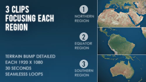 Mapa del mundo terrestre giratorio - Enfoque de 3 regiones