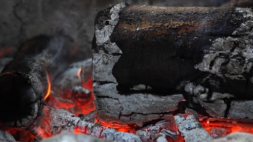 Burning Firewood with Embers in Close Up Shot