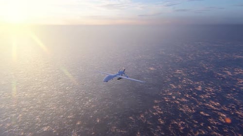 Advanced UAV Drone Flying Over Ocean at Golden Hour