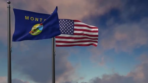 Montana State and American Flags Waving with Cloudy Sky