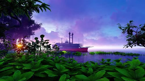 Animated Riverboat on Tropical River at Vibrant Sunset