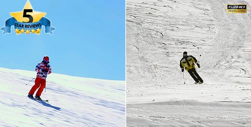 Skiiers Descending Snow Covered Mountain on Sunny Day