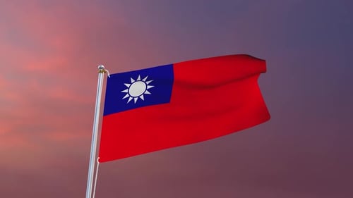 Taiwan Flag Waving in Realistic Slow Motion with Sunset Background