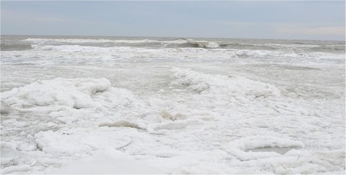 Icy Seashore with Rough Waves on a Winter Day