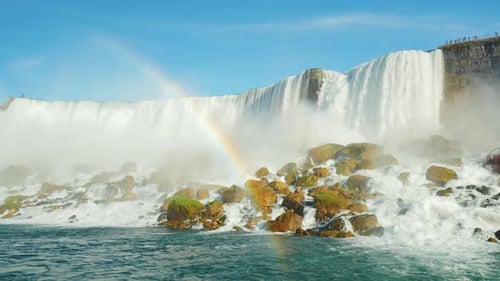 A Huge Rainbow in the Background Niagara Falls. Lower Angle Shooting From the Niagara River