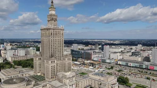 Drone passing Palace of Culture and Science in Warsaw city, capital of Poland