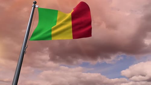 Mali Flag Waving on Flagpole with Cloudy Sky Background