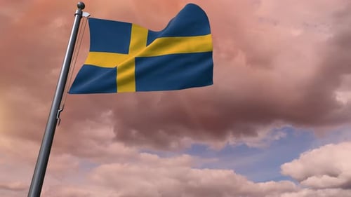 Waving Sweden Flag on Pole Against Cloudy Sky