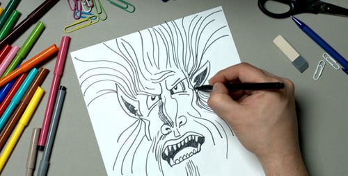 Hand Drawing an Angry Cartoon Monster Illustration