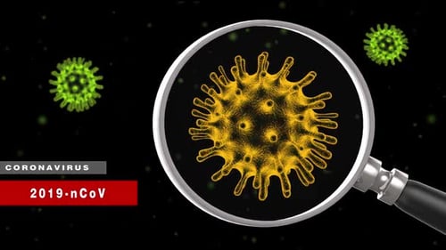 Animated Magnifying Glass Over Virus Particle with Information Boxes