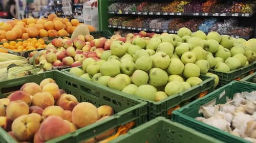 Fresh Fruits and Vegetables on Supermarket Shelves