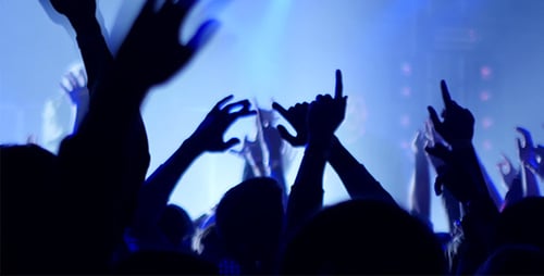 Excited Crowd Waving Hands at Concert at Night