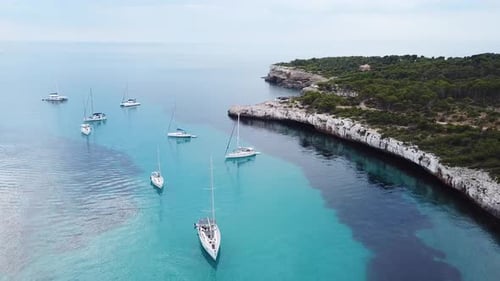 Aerial: The beach of Cala Mondrago in Mallorca, Spain