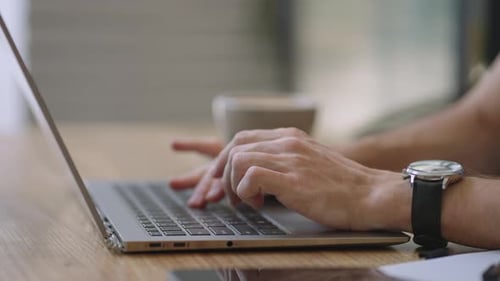 Male Hands of Business Man Professional User Worker Using Typing on Laptop Notebook Keyboard Sit at