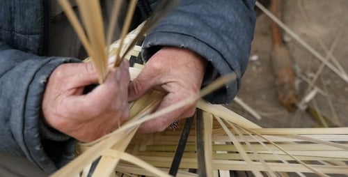 Hands Man Doing With A Machine Woven Bamboo