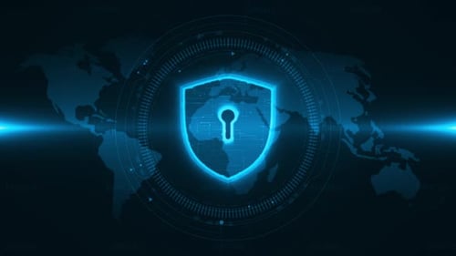 Futuristic Digital Security Shield Animation with Global Map Background