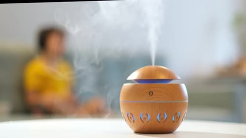 Humidifier Releasing Vapor in Relaxing Home Interior