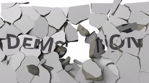 Breaking Concrete Wall with Painted DEMOLITION Word