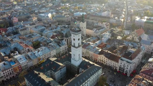 Aerial Drone Video of Lviv Old City Center - Roofs and Streets, City Hall Ratusha