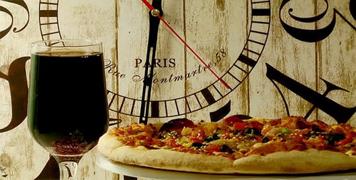 Still Life of Pizza and a Dark Drink